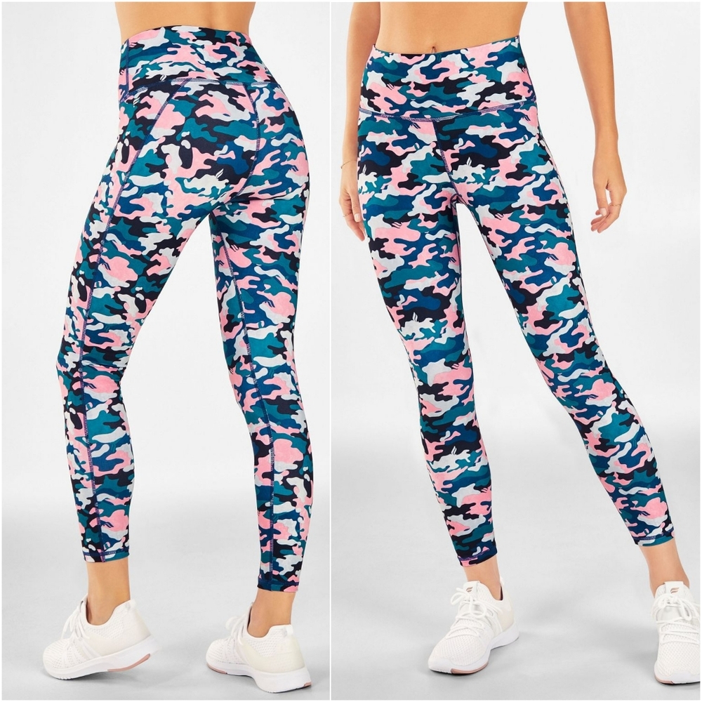NEW! Fabletics High Waisted Printed Powerhold 7/8 Leggings Real Teal Camo XS